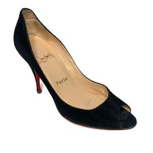 Christian Louboutin Peep Toe Stiletto Heels EU 37.5 US 7.5 Black Suede Pumps